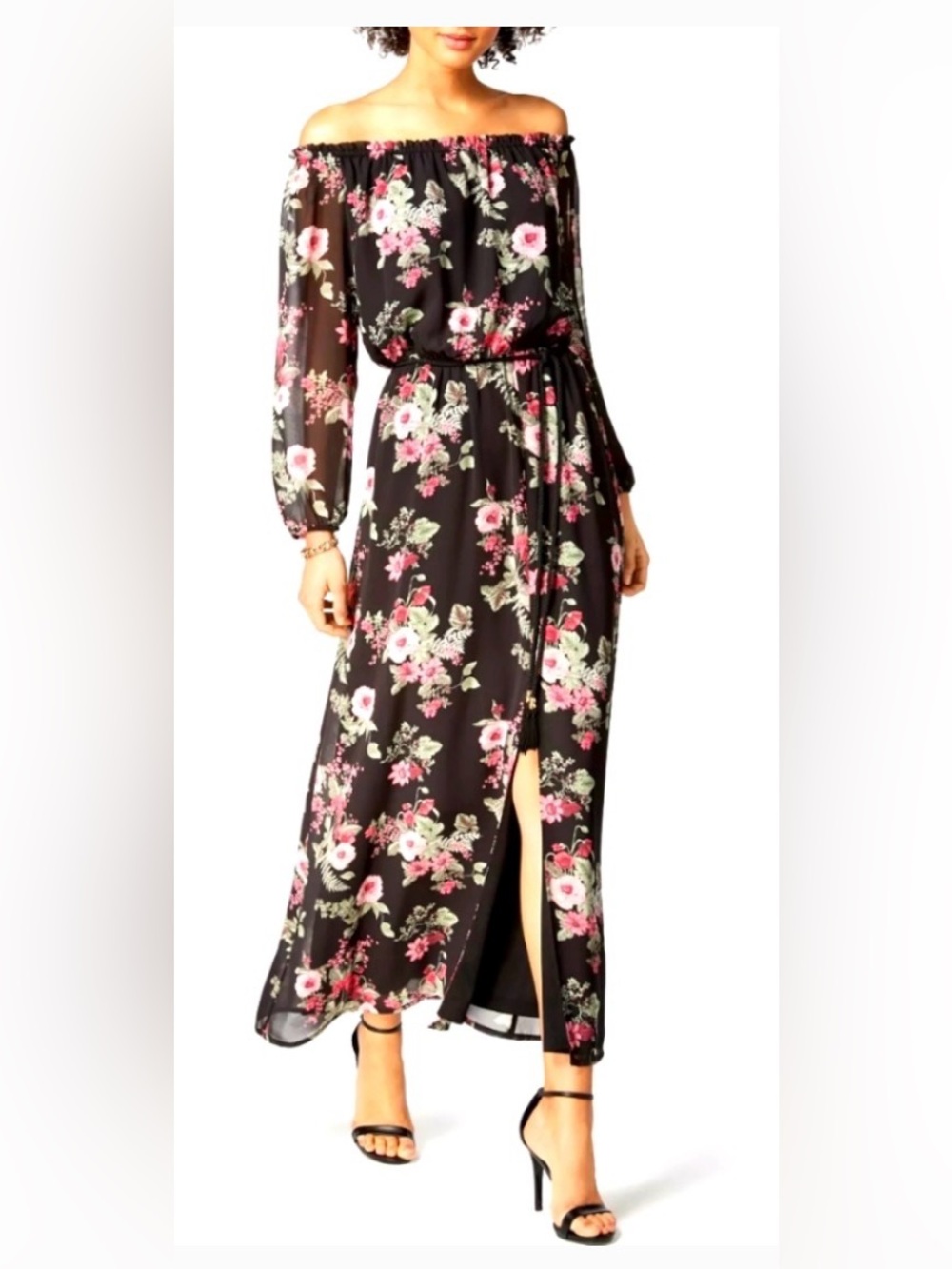 Nine West Off-Shoulder Black Floral Maxi Dress with Tie Waist.  Size 16. NWT.